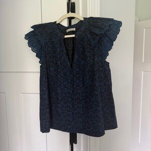Ulla Johnson Blue Black Floral Flutter Sleeve V Neck Top